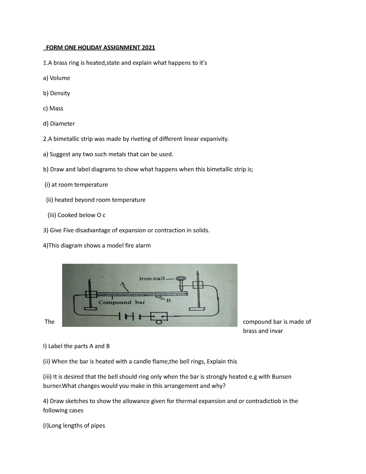 form 1 holiday assignment 2021