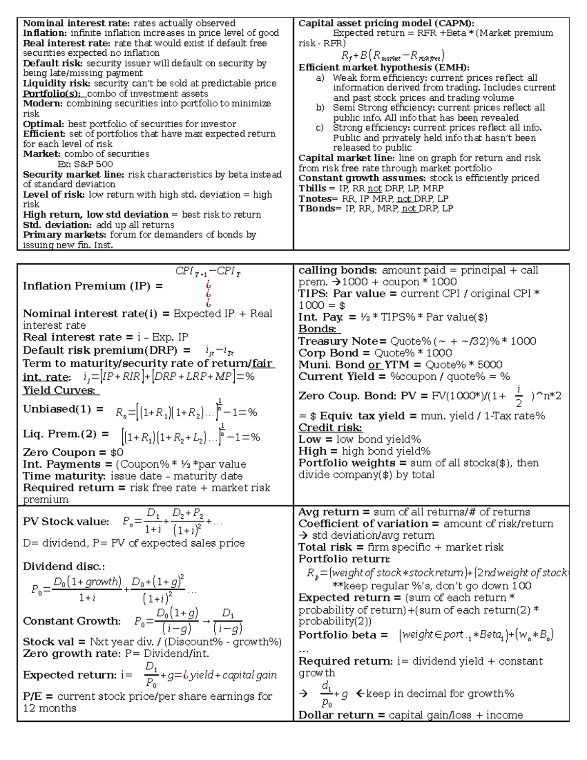 FNCE 3050 exam 2 - Final exam for Basic Finance cheat sheet ...