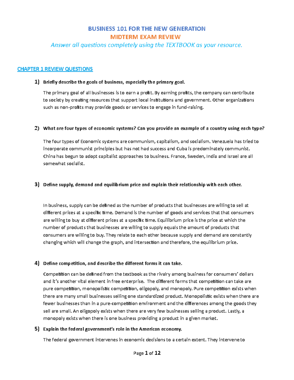 Mid term review - BUSINESS 101 FOR THE NEW GENERATION MIDTERM EXAM ...