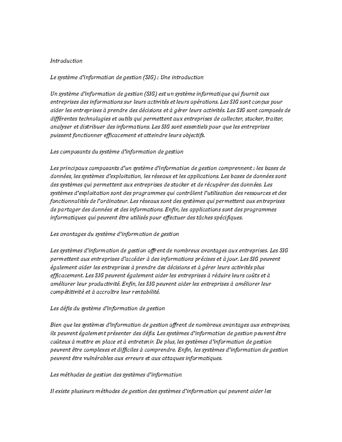 Management Information Systems Study Notes - Introduction Le système d ...