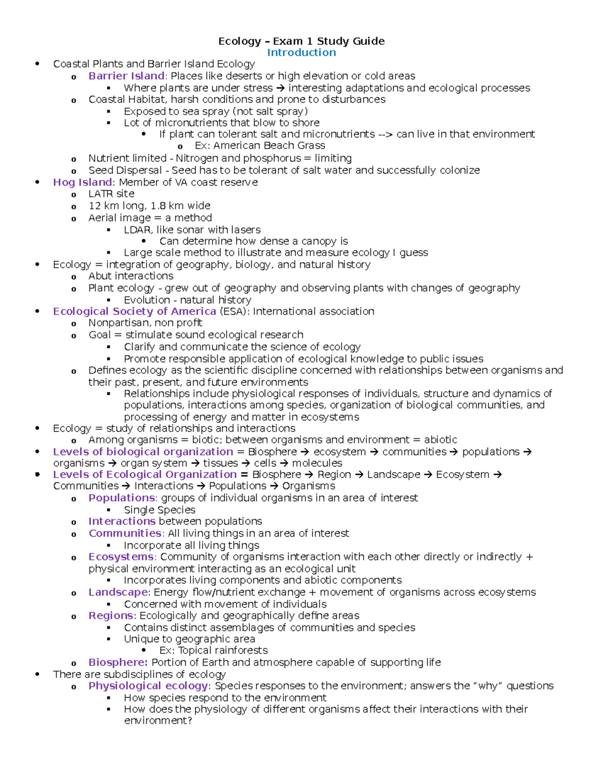 VCU BIOL 317: Ecology Exam 1 Notes - Bissett - Ecology – Exam 1 Study ...