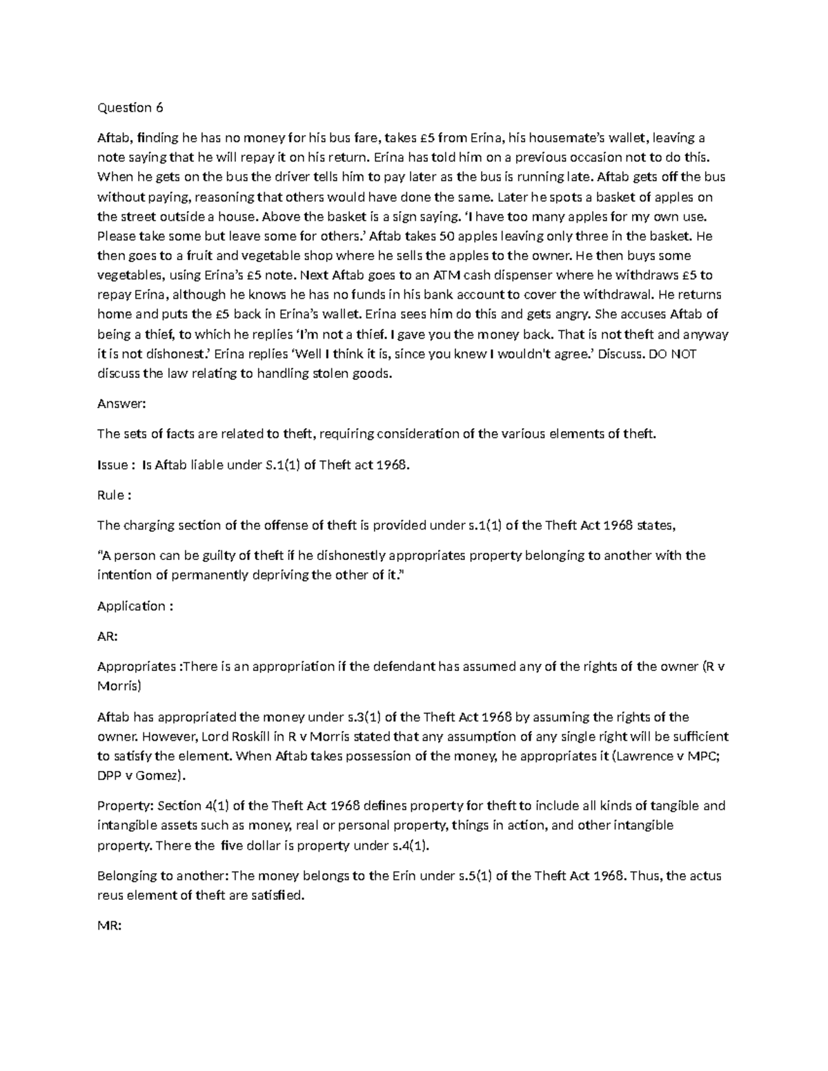 Theft prac - problem question solution UOL criminal law - Question 6 ...