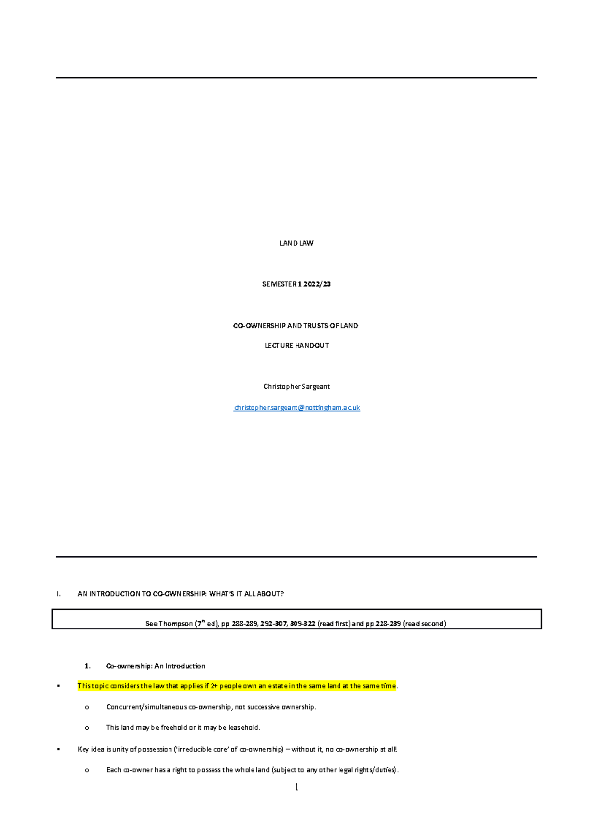Co-ownership and Trusts of Land Lecture Handout 2022-23 (Topic 3 ...