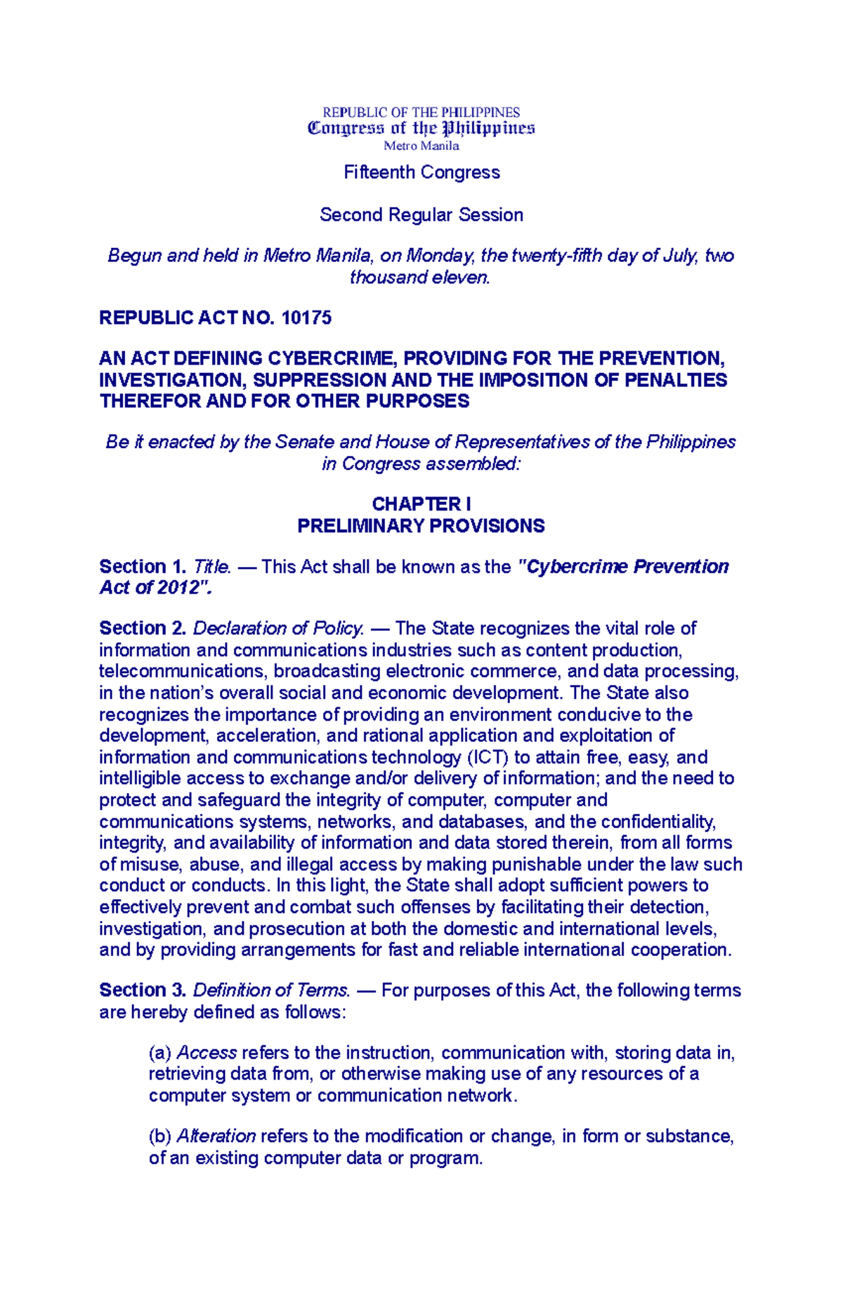Republic Act 10175 Cyber crime Law - Fifteenth Congress Second Regular ...