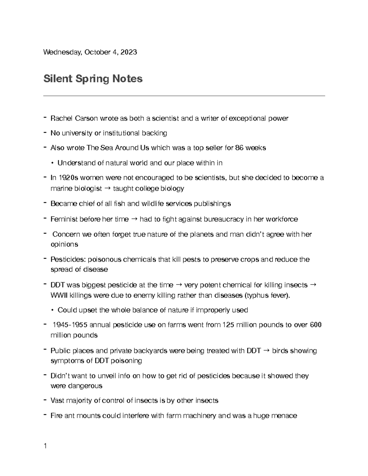 Tox 200 Silent Spring Notes Wednesday, October 4, 2023 Silent Spring