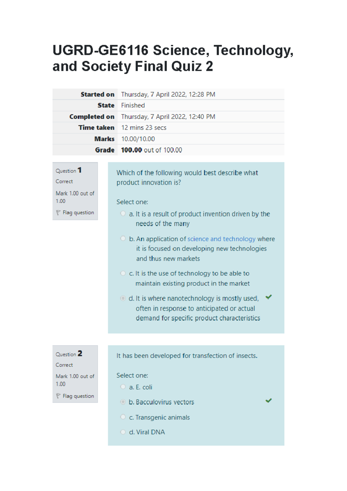 UGRD GE6116 Science Technology and Society Final Quiz 2 BS