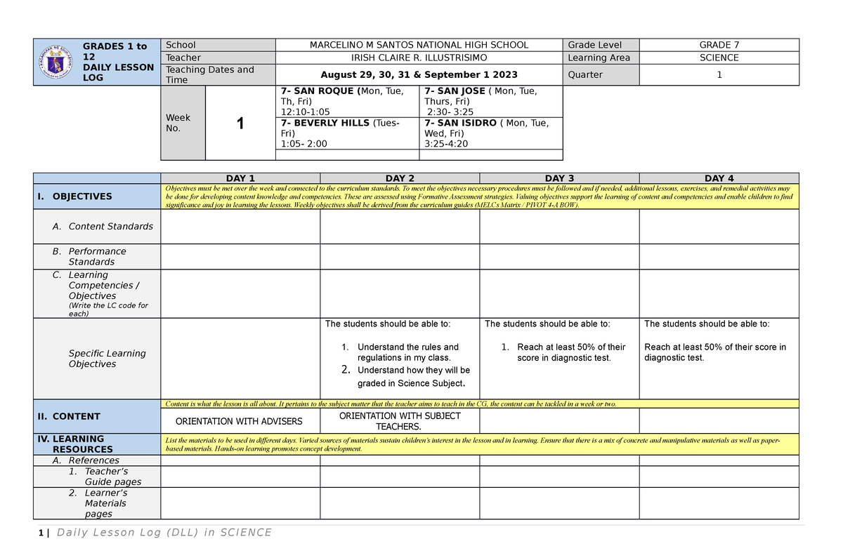 WEEK-1 - GRADES 1 to 12 DAILY LESSON LOG School MARCELINO M SANTOS ...