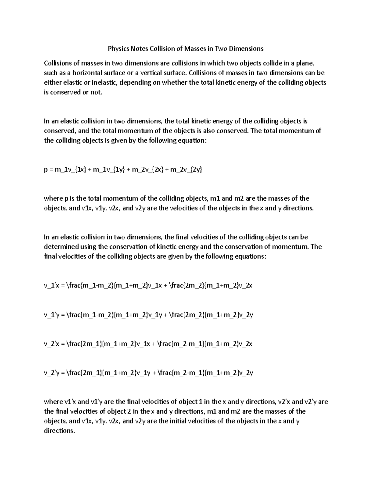 Physics Notes Collision of Masses in Two Dimensions - Collisions of ...