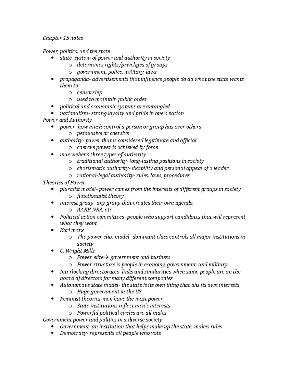 Sociology Chapter 15 Notes - Chapter 15 Notes Power, Politics, And The ...