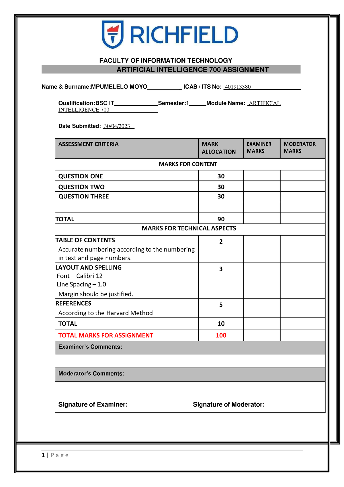 Artificial intelligence 700 (401913380) - FACULTY OF INFORMATION ...