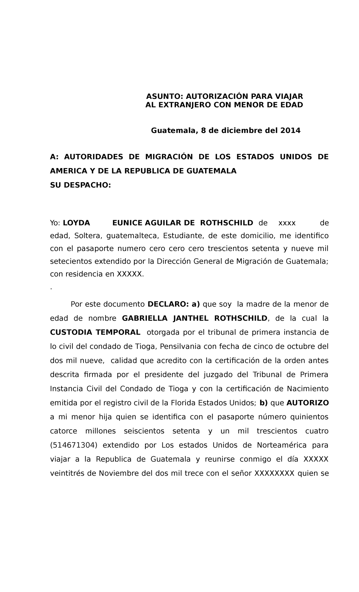 Carta Poder Autoriz Hijos Extranjero Usa Guate A Autoridades De MigraciÓn De Los Estados