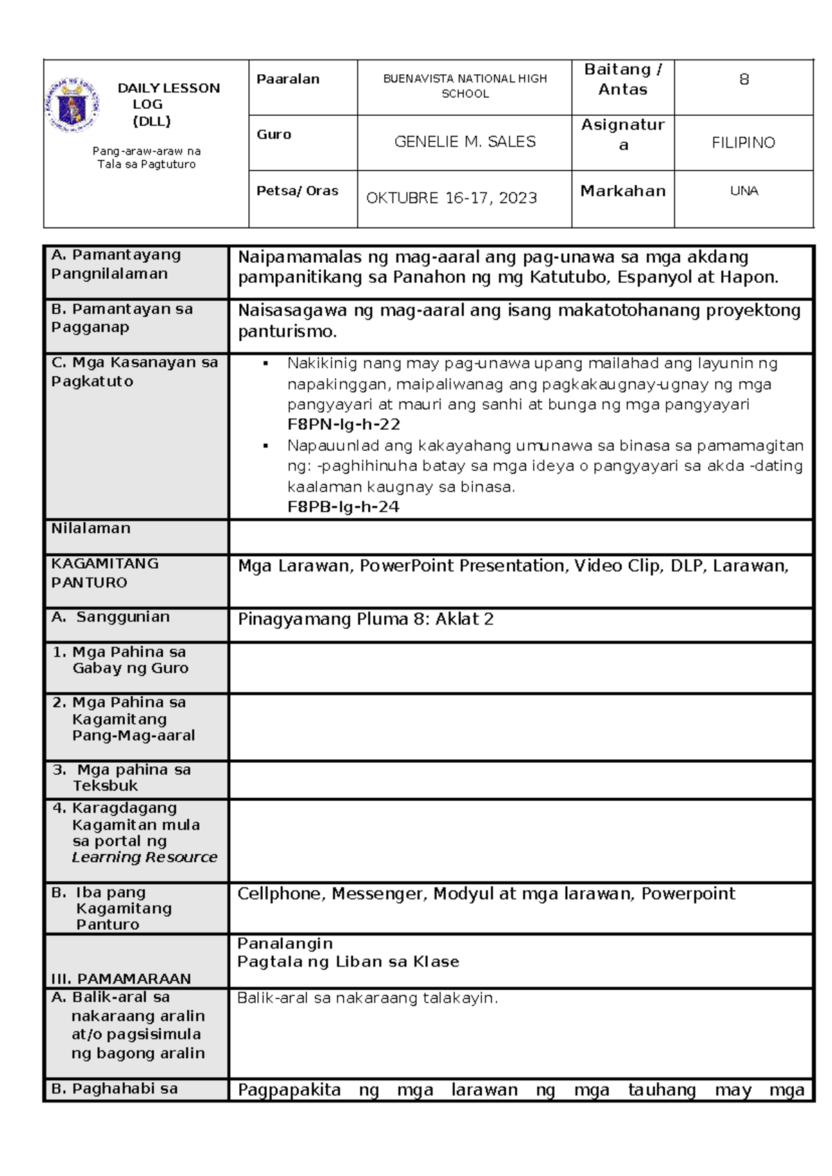 Okt. 16-17, 2023 - DAILY LESSON LOG (DLL) Pang-araw-araw na Tala sa ...