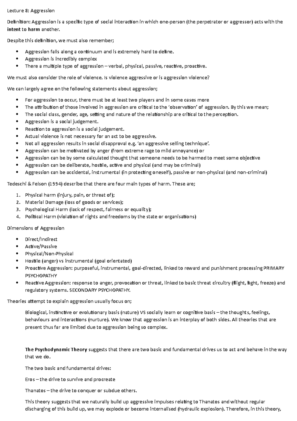Aggression - Lecture notes 8 - Lecture 8: Aggression Definition ...