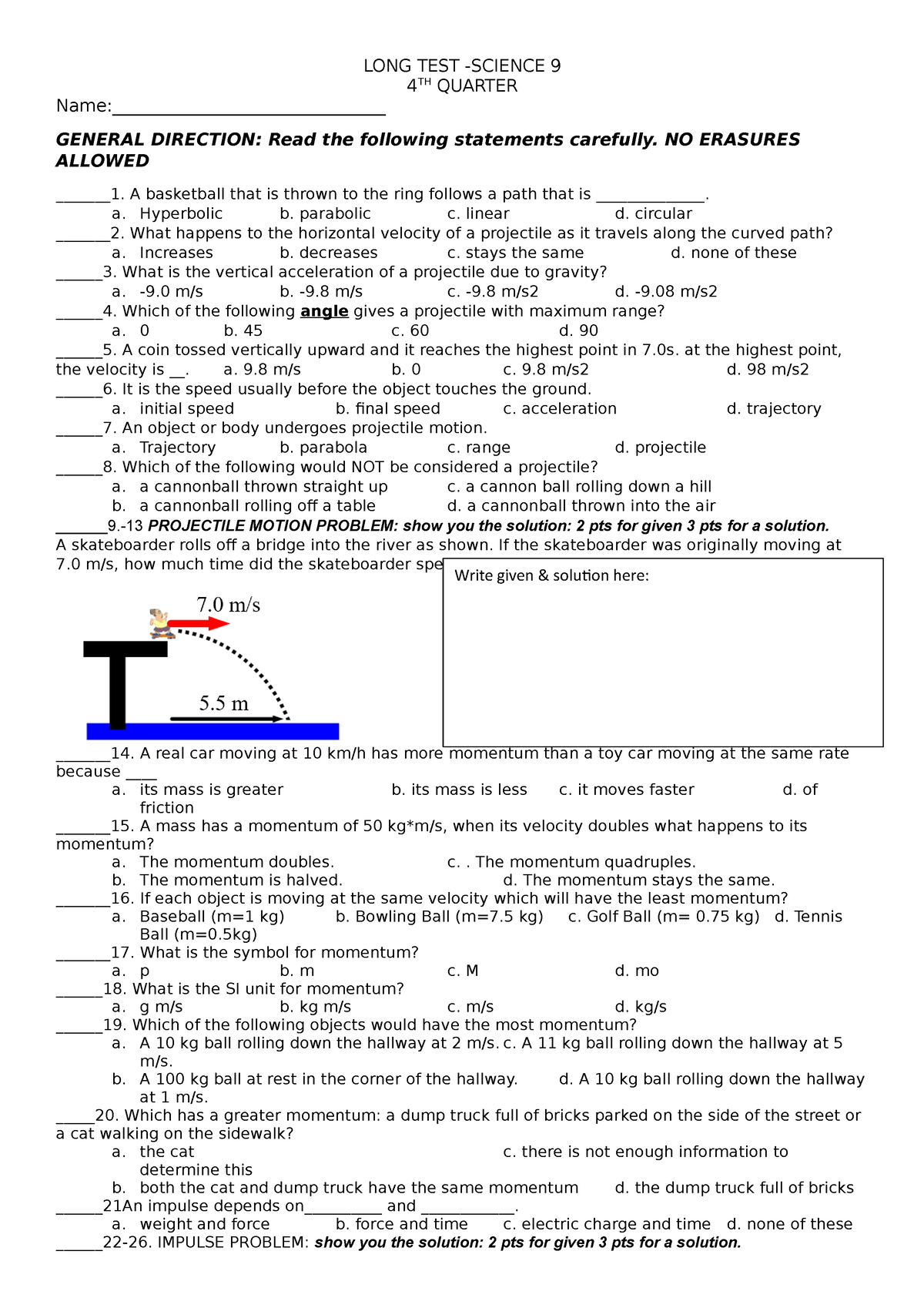 Longtest Grade 9 4TH Quarter - 4 TH QUARTER Name ...