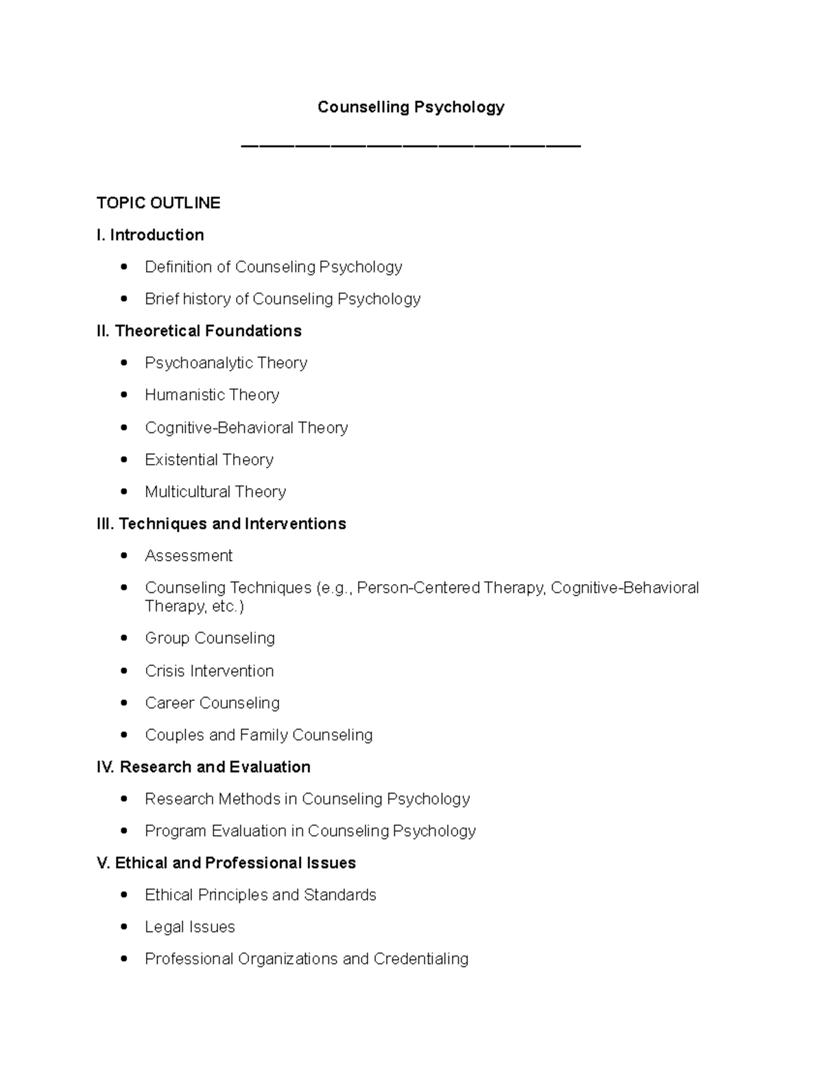 Counselling Psychology - Counselling Psychology TOPIC OUTLINE I ...