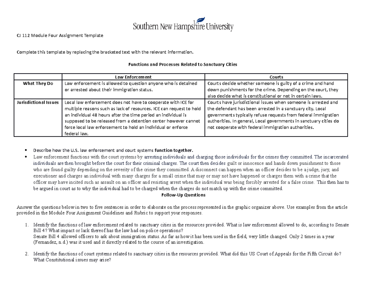 CJ 112 Module Four Assignment - Functions and Processes Related to ...