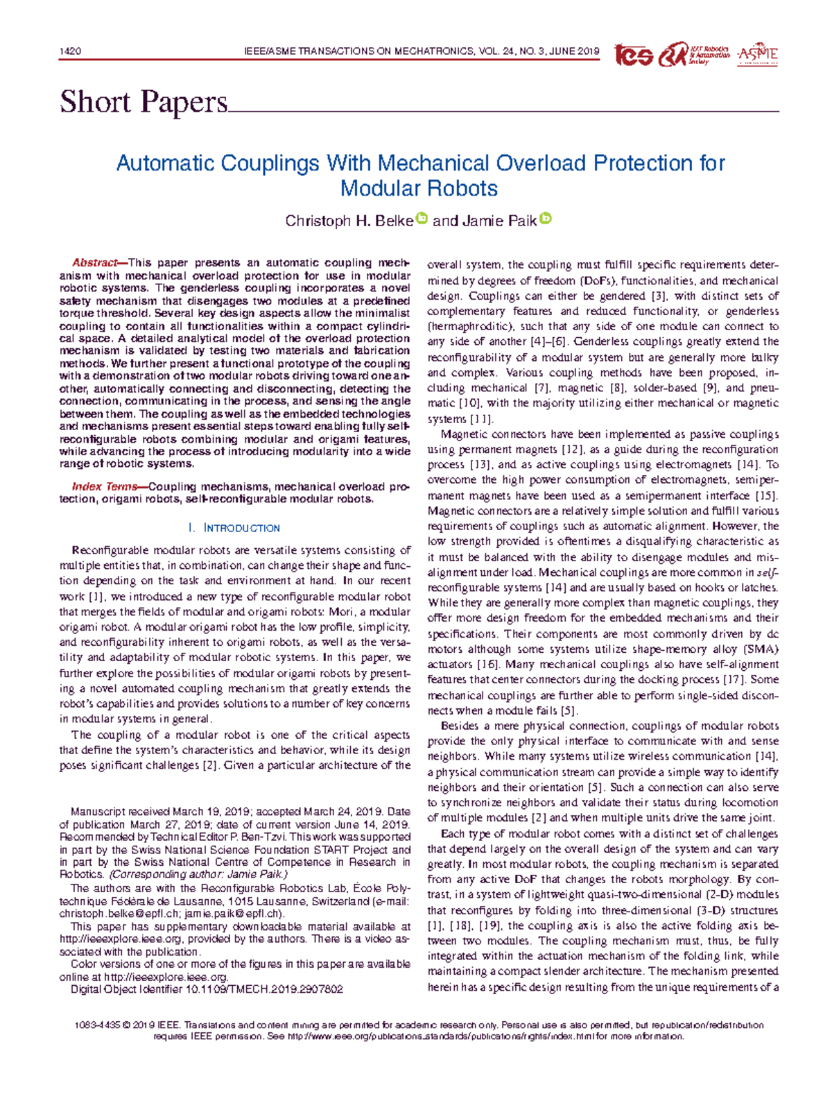 Automatic Couplings With Mechanical Overload Protection for Modular