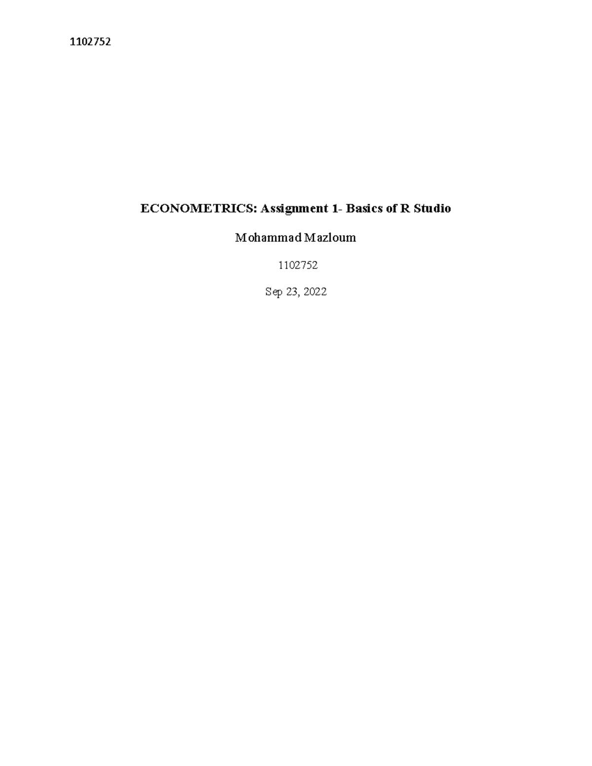 Econometrics P - not sure - ECONOMETRICS: Assignment 1- Basics of R ...