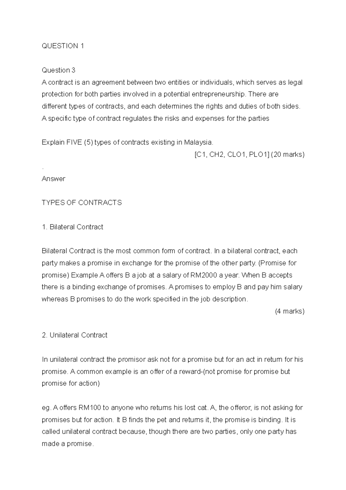 LAW OF Contract Final Assessment SET A Answer Scheme - QUESTION 1 ...
