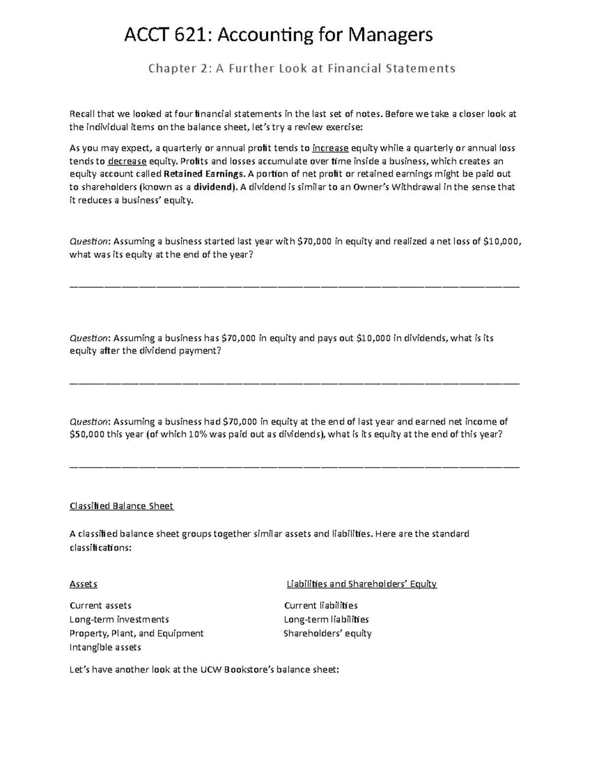 Ch 2 notes - ACCT 621: Accounting for Managers Chapter 2: A Further ...