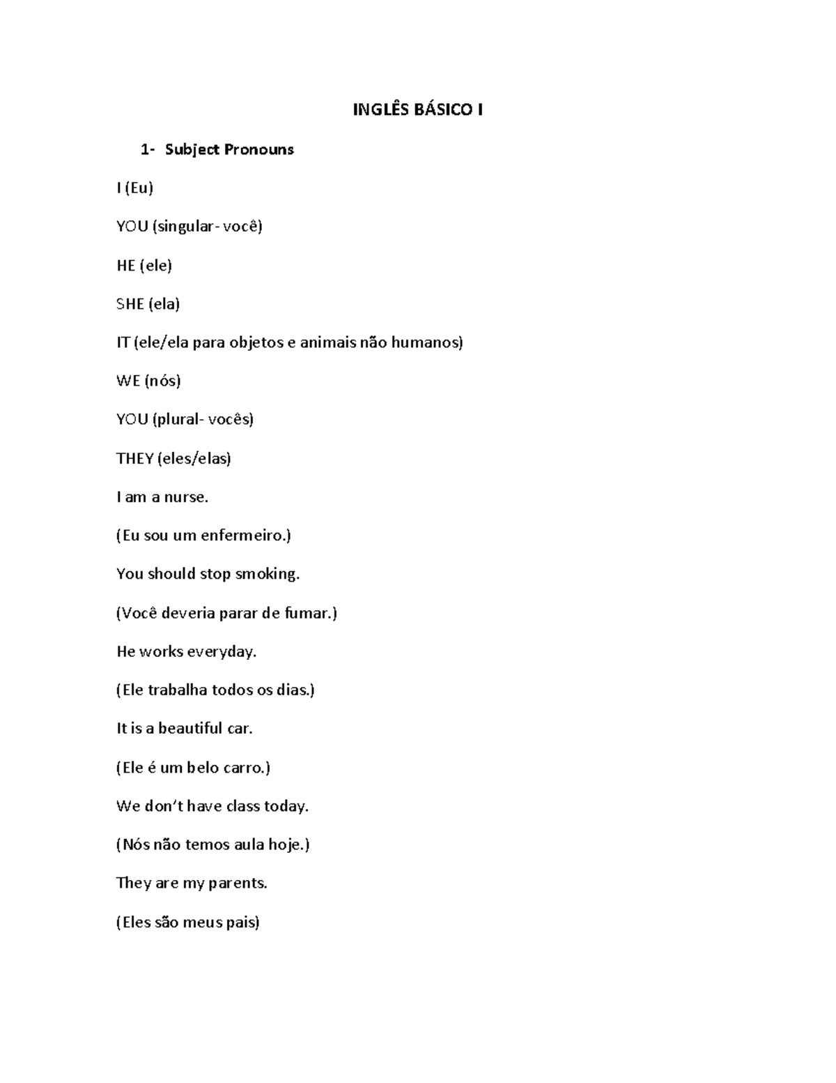 Inglês Básico I- Subject Pronouns and Verb to be - INGLÊS BÁSICO I 1 ...