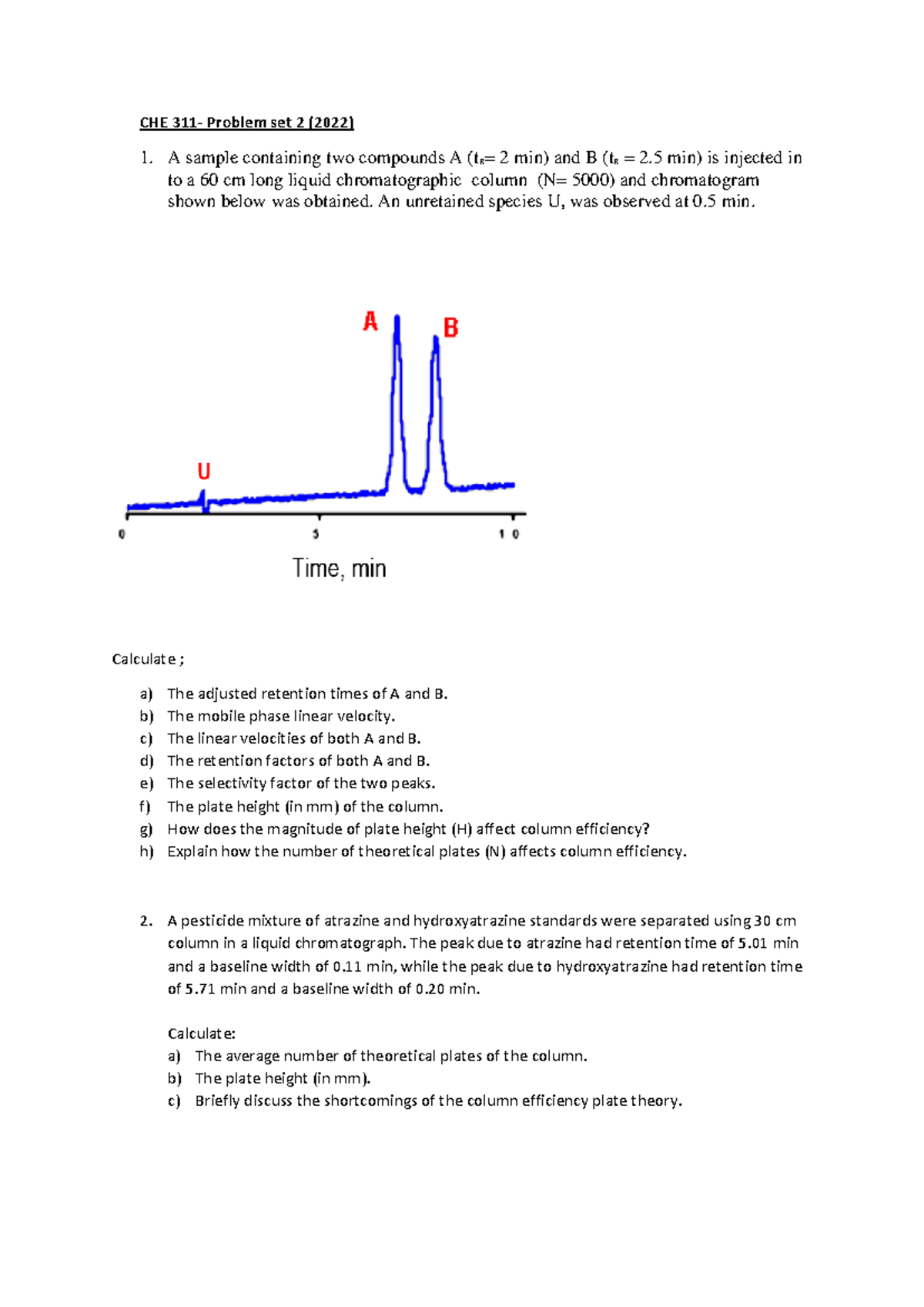CHE 311 Problem Set 2 - STUDY - CHE 311- Problem set 2 (2022) 1. A ...