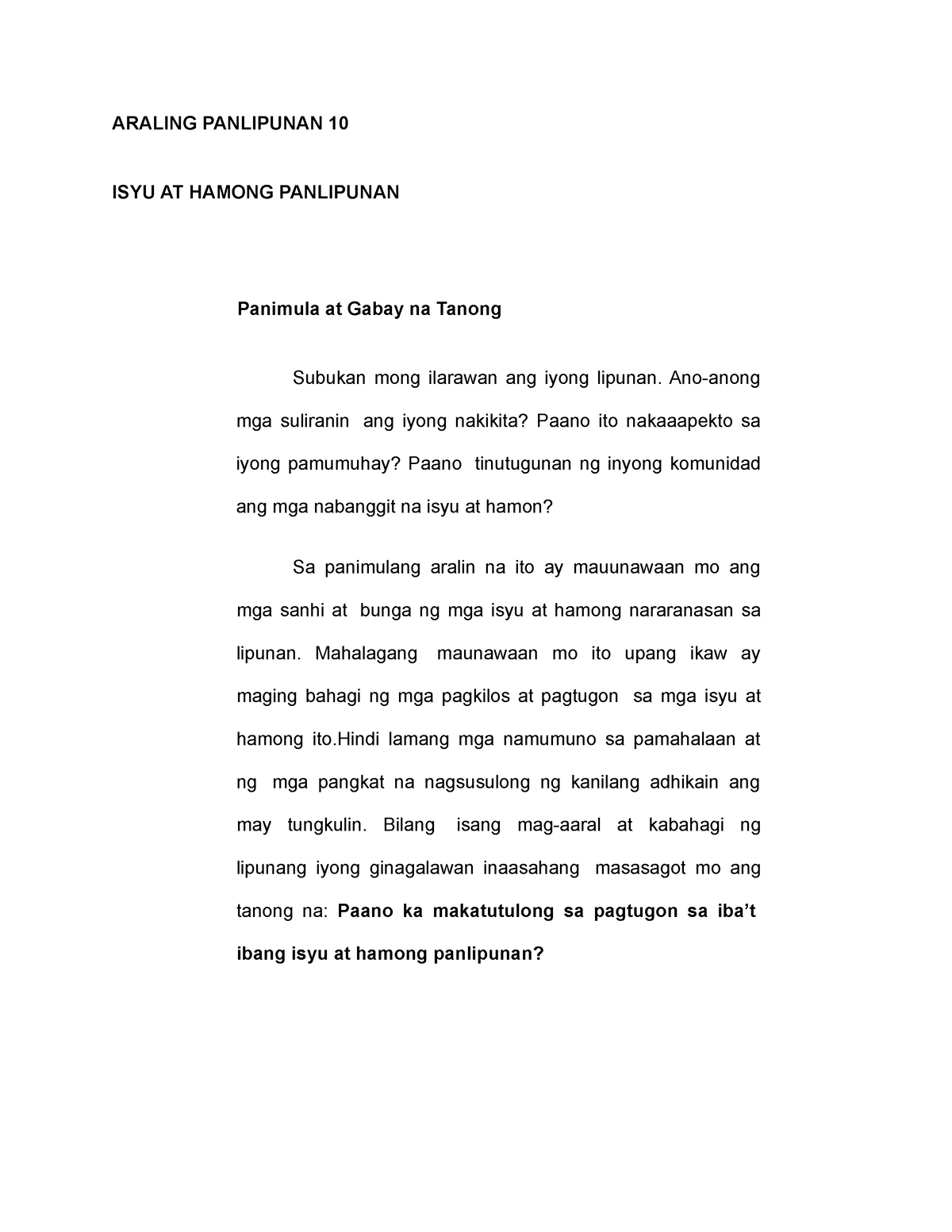 AP Lecture 1 - ARALING PANLIPUNAN 10 ISYU AT HAMONG PANLIPUNAN Panimula ...