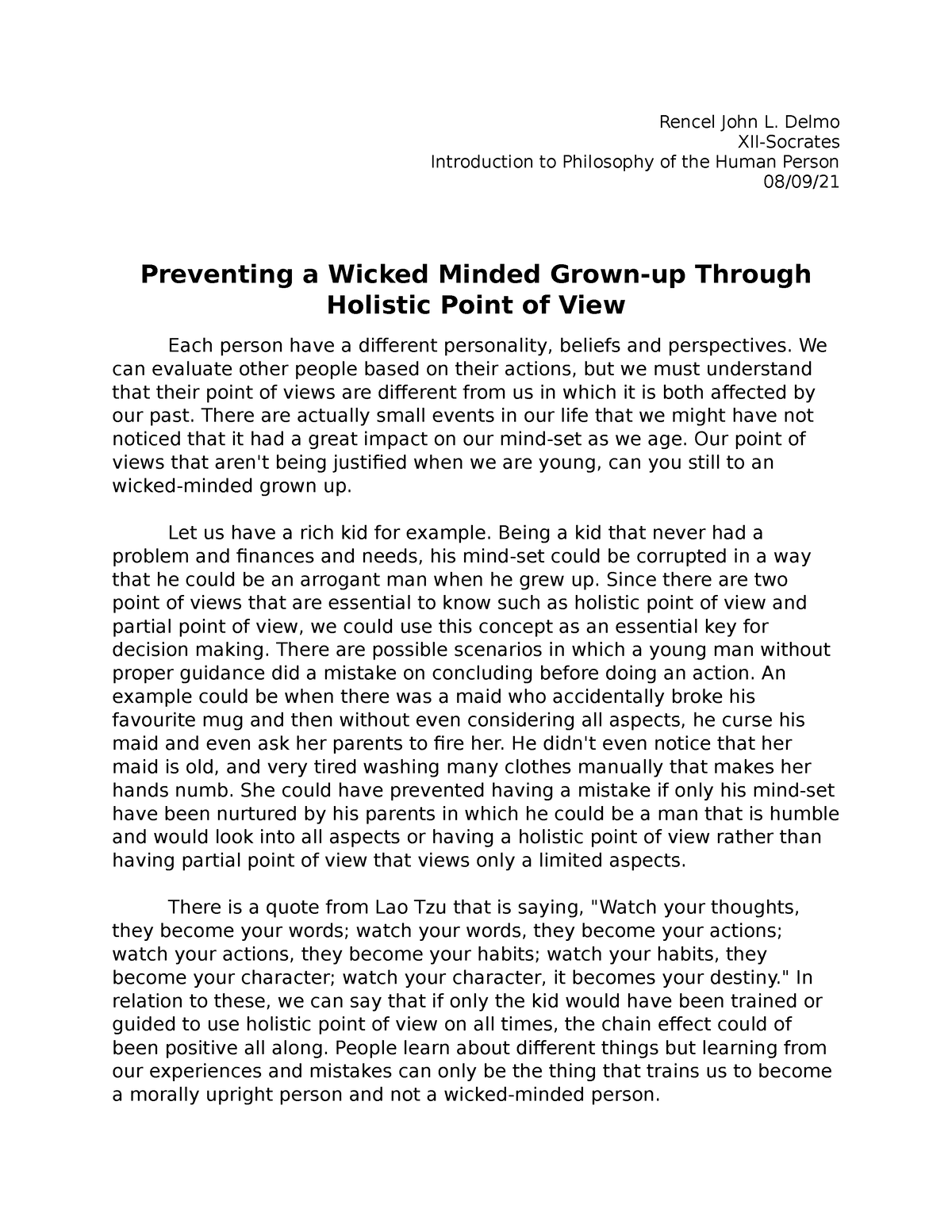 philosophical reflection essay using holistic thinking