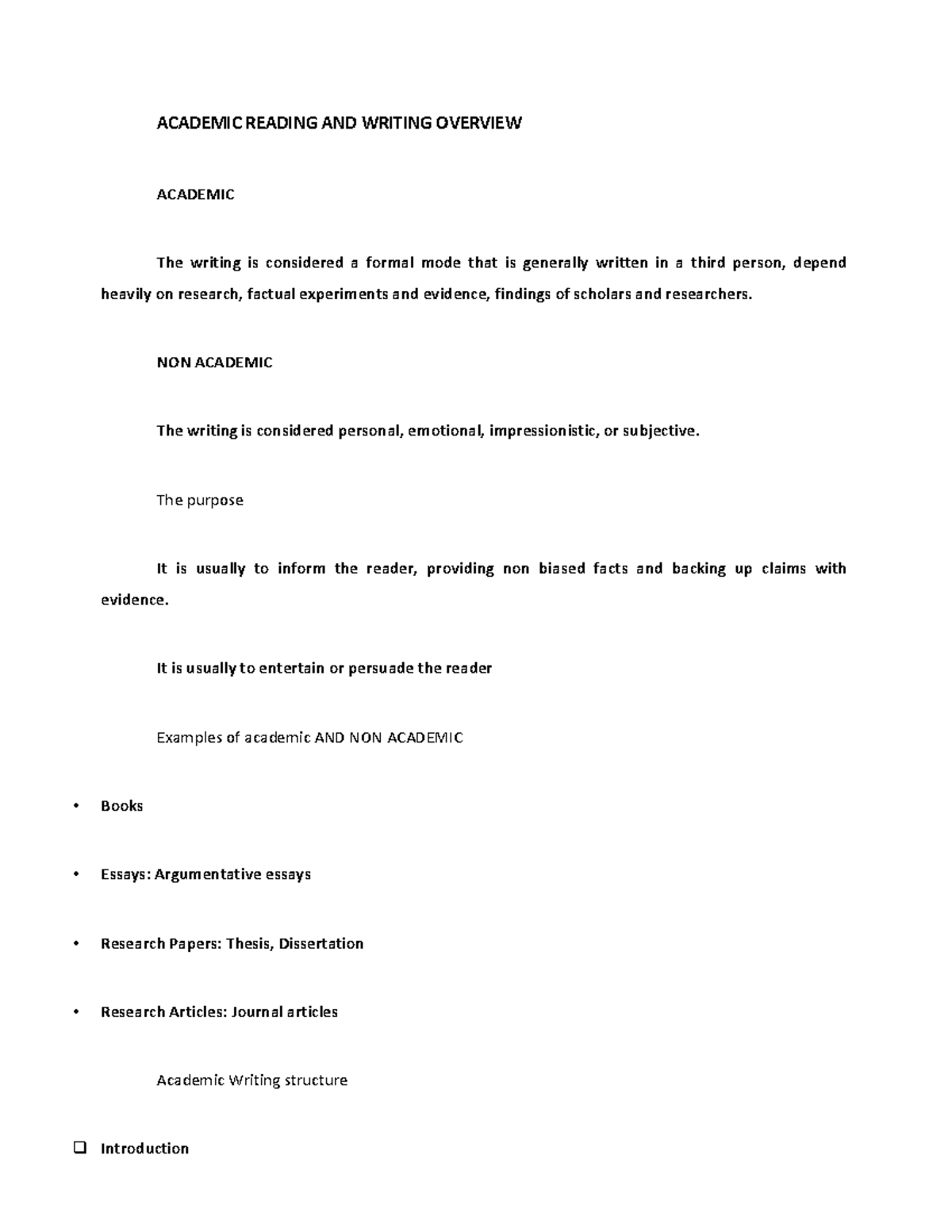 Academic Reading AND Writing Overview ACADEMIC READING AND WRITING