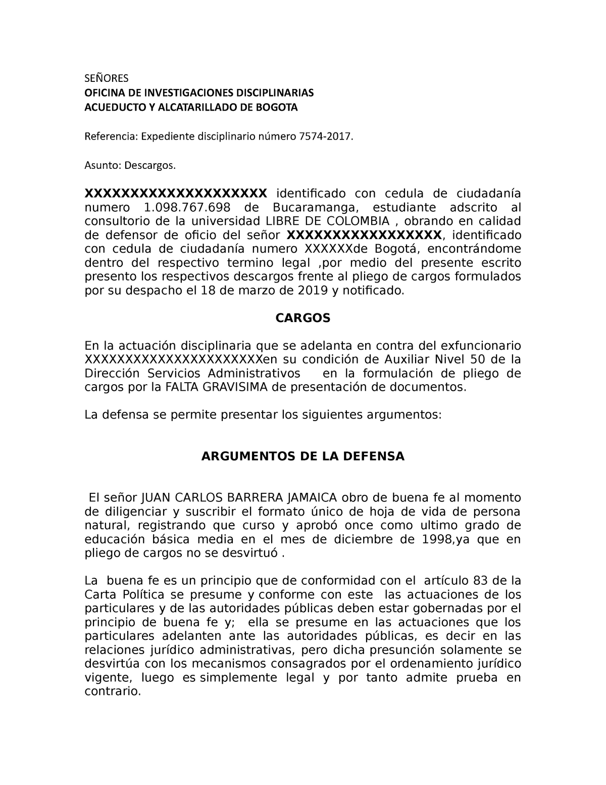 Descargos JUAN - formato - SEÑORES OFICINA DE INVESTIGACIONES  DISCIPLINARIAS ACUEDUCTO Y - Studocu