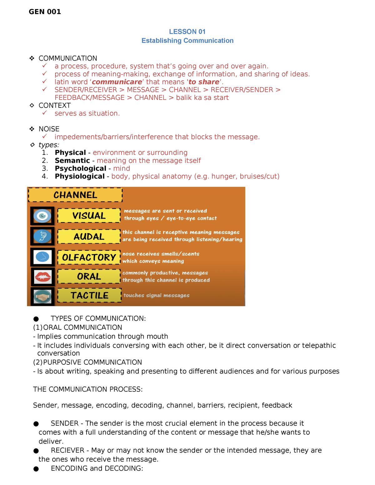 O01 Reviewer NOTES - LESSON 01 Establishing Communication COMMUNICATION ...