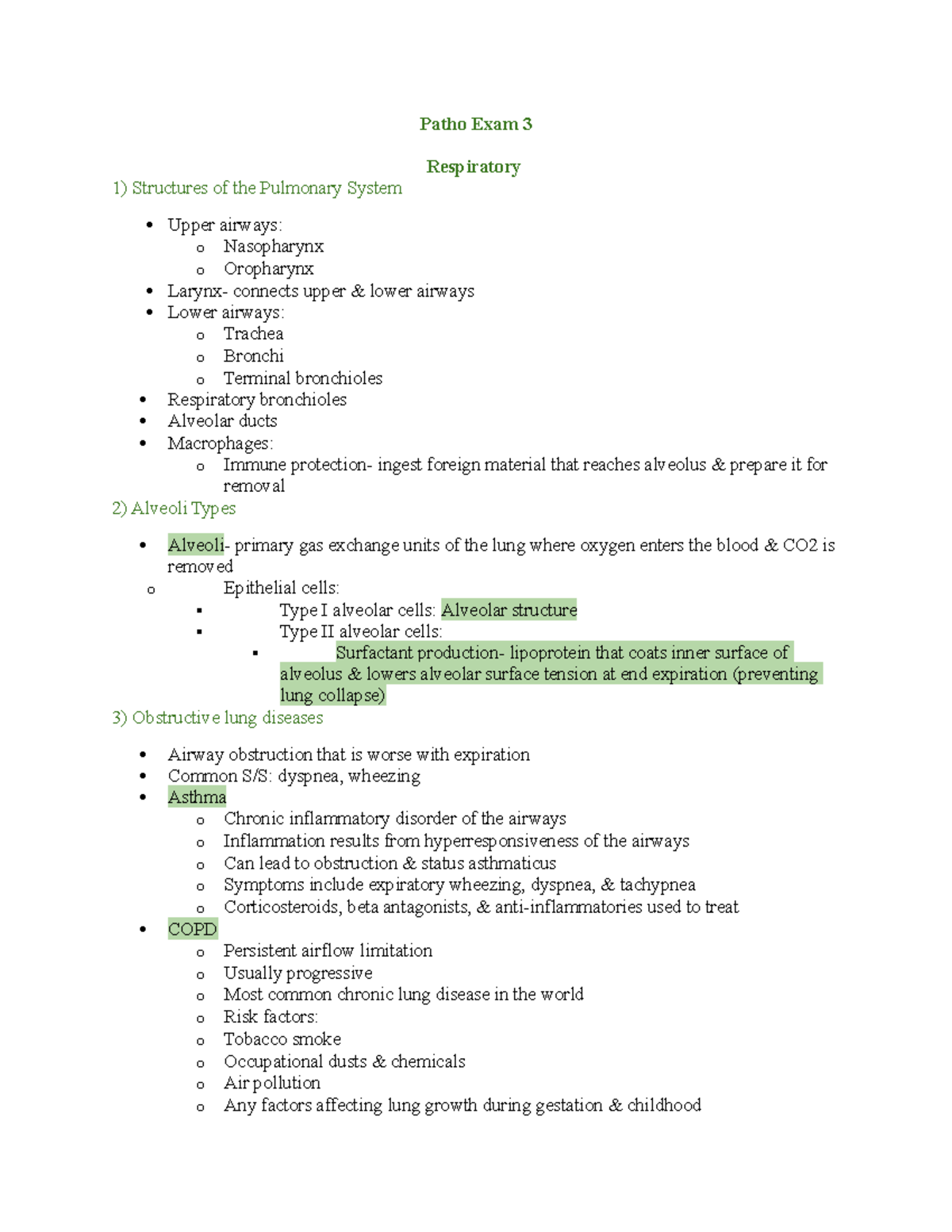 Patho Exam 3 - Study Guide - Patho Exam 3 Respiratory 1) Structures Of ...