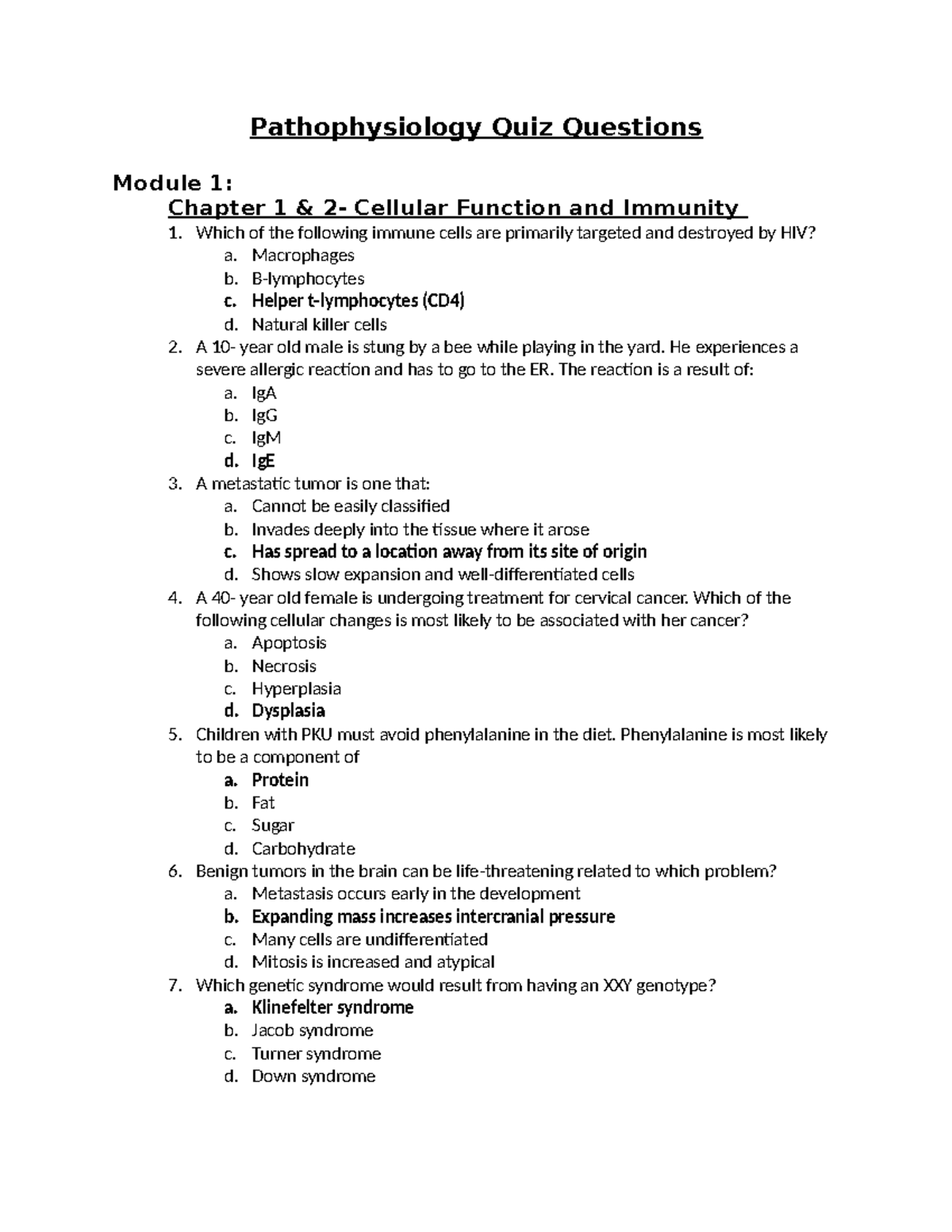 Pathophysiology Quiz Questions - Pathophysiology Quiz Questions Module ...