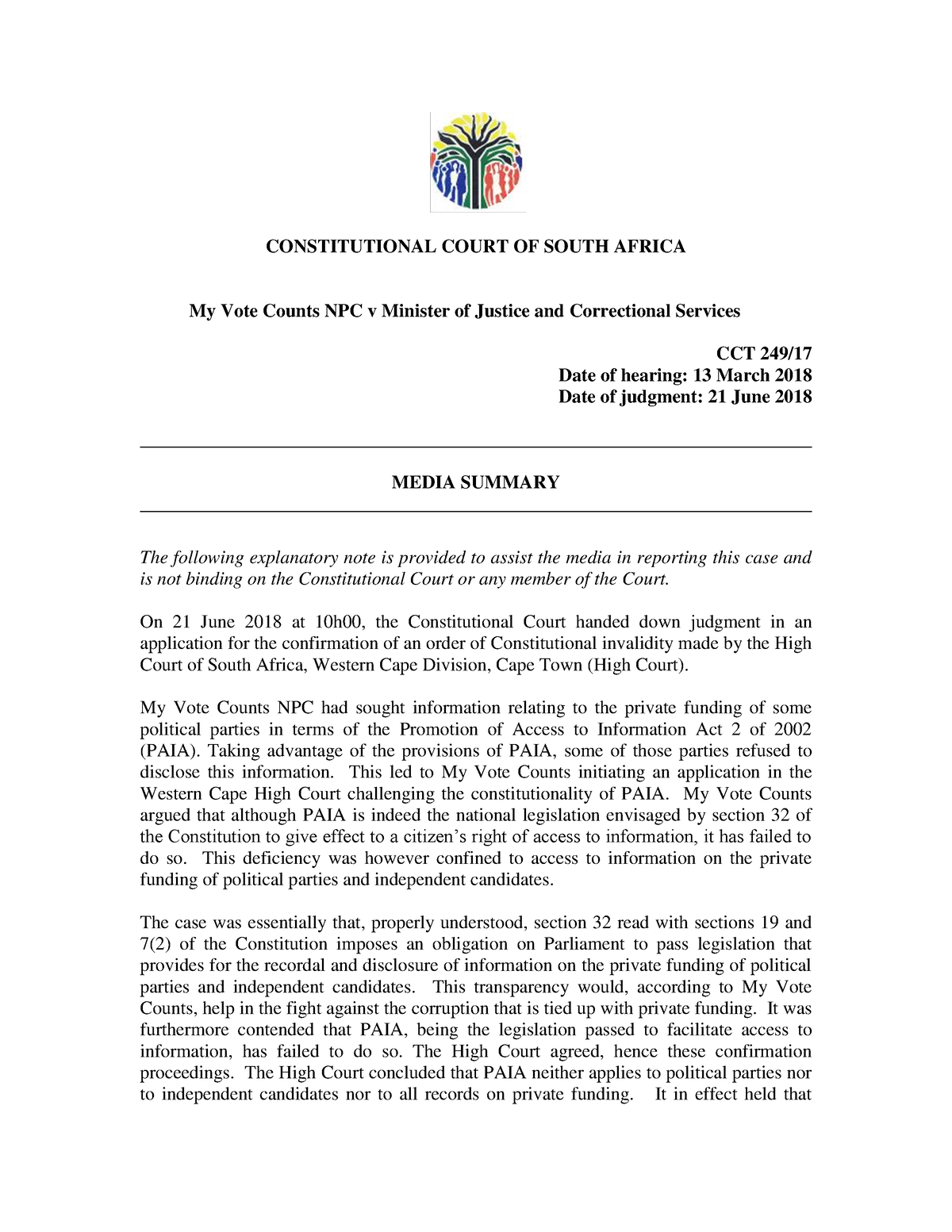 My vote counts summary - CONSTITUTIONAL COURT OF SOUTH AFRICA My Vote ...