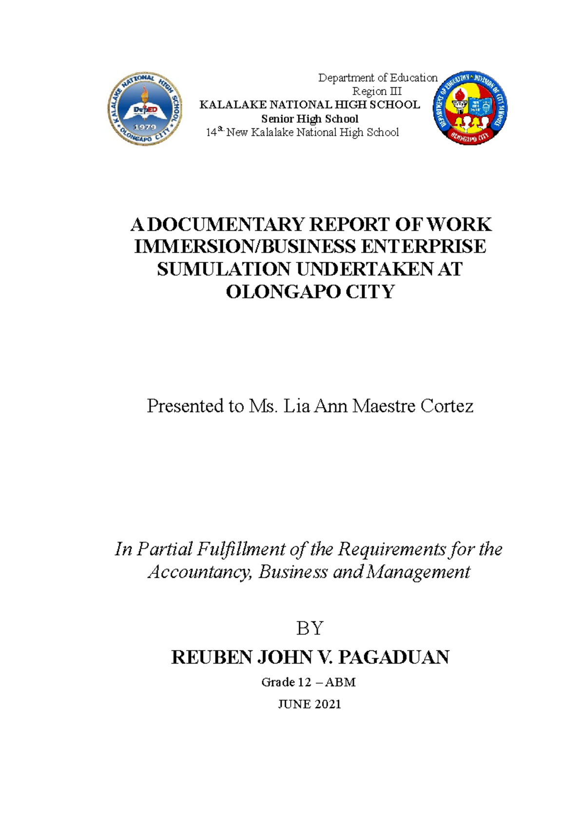 Work immersion formatreuben - Department of Education Region III ...