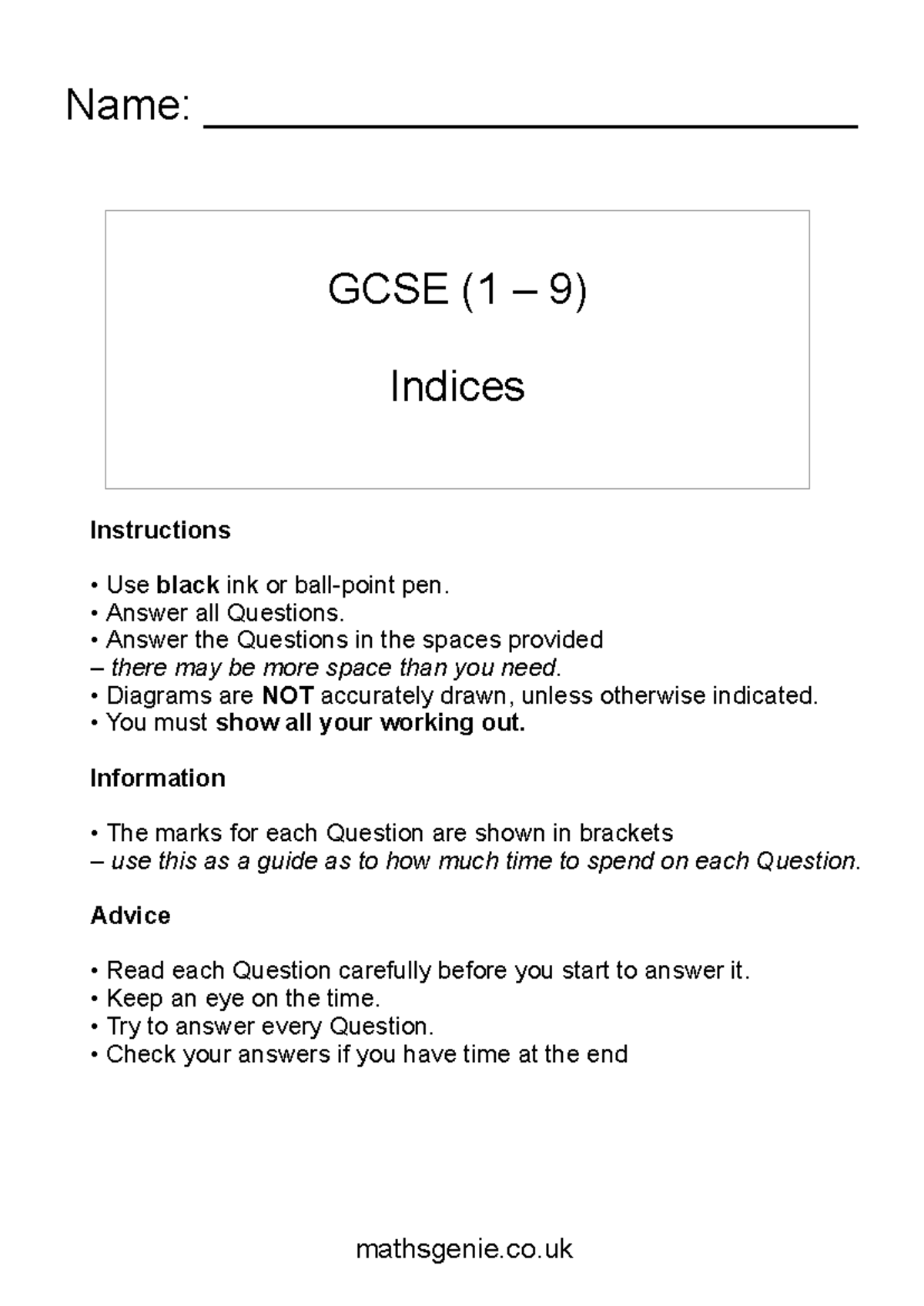 4-indices - maths genie - GCSE (1 – 9) Indices Name ...