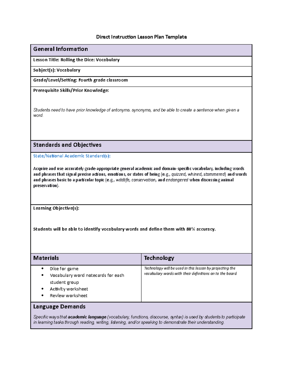C910 TASK 1 - C910 - Direct Instruction Lesson Plan Template General ...