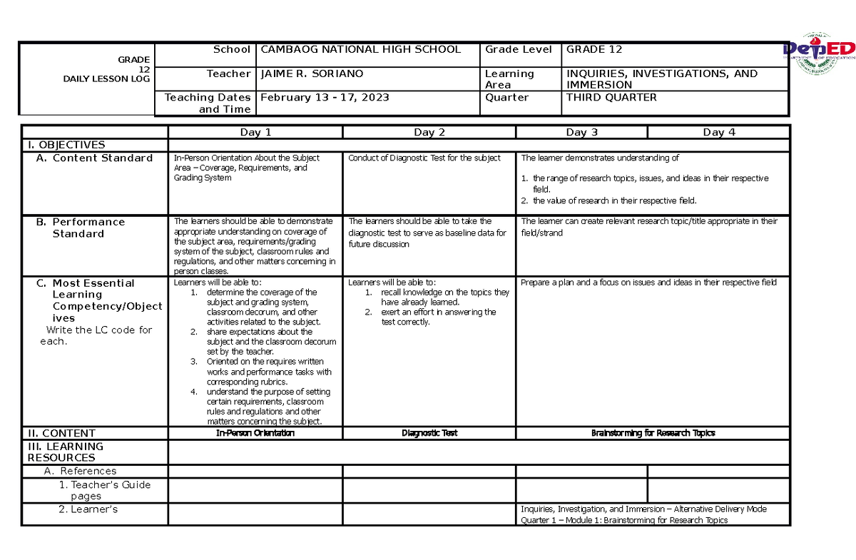 Week 1 DLL - aaaaaaaaa - Day 1 Day 2 Day 3 Day 4 I. OBJECTIVES A ...