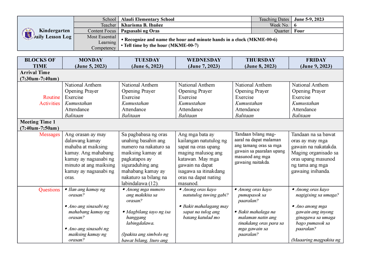 Kindergarten Dll Melc Q4 Week 6 Asf Kindergarten Daily Lesson Log School Alauli Elementary 7799