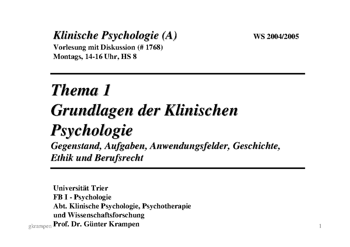 Grundlagen Der Klinischen Psychologie - Thema 1 Thema 1 Grundlagen Der ...