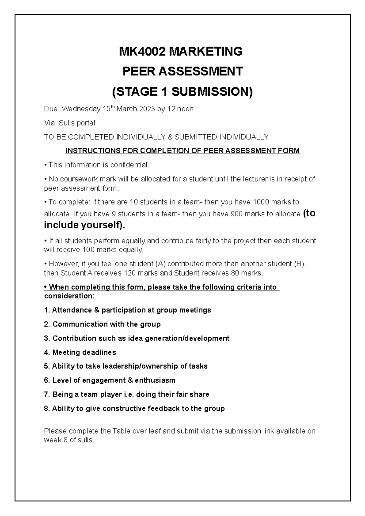 Stage+1+Peer+reflection-1 - MK4002 MARKETING PEER ASSESSMENT (STAGE 1 ...
