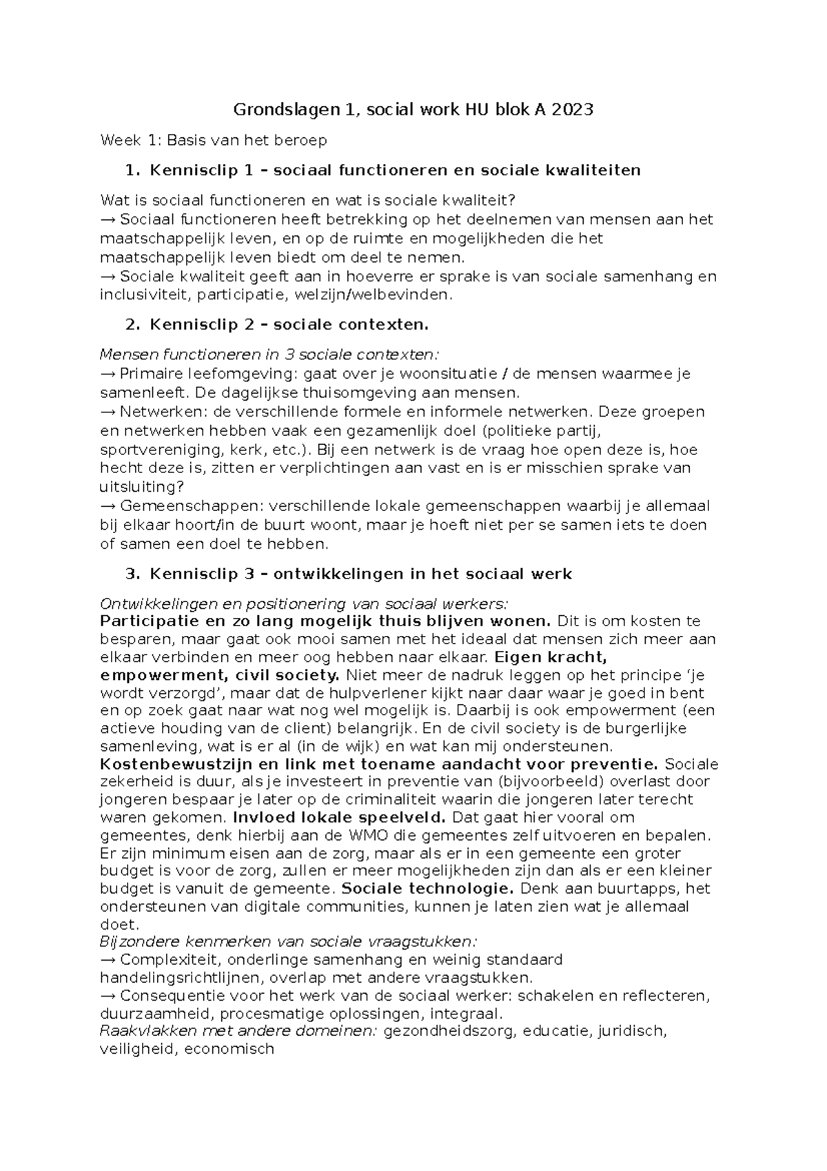 Grondslagen 1 Samenvatting - Grondslagen 1, Social Work HU Blok A 2023 ...