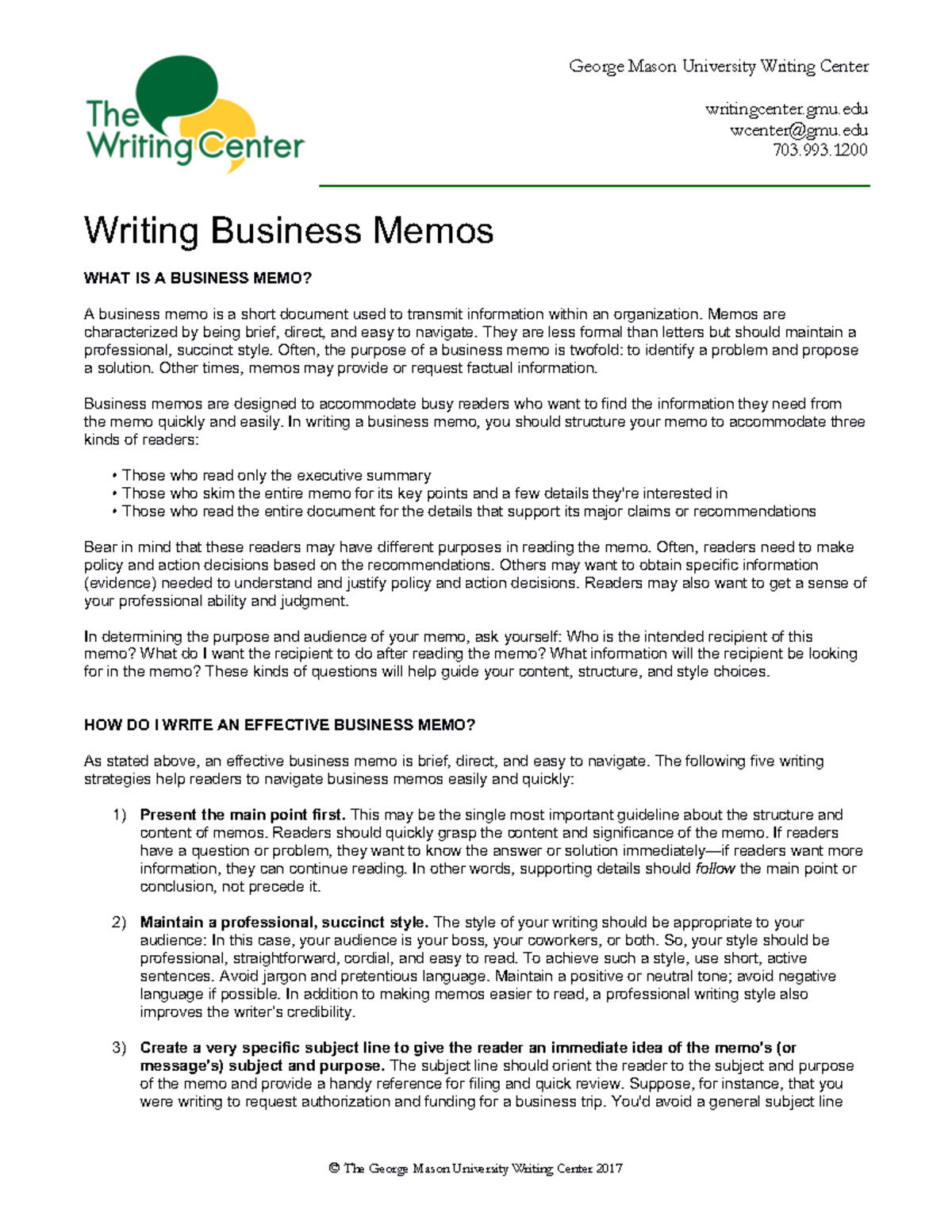 Writing Business Memos ATI The Writing Center Mason University