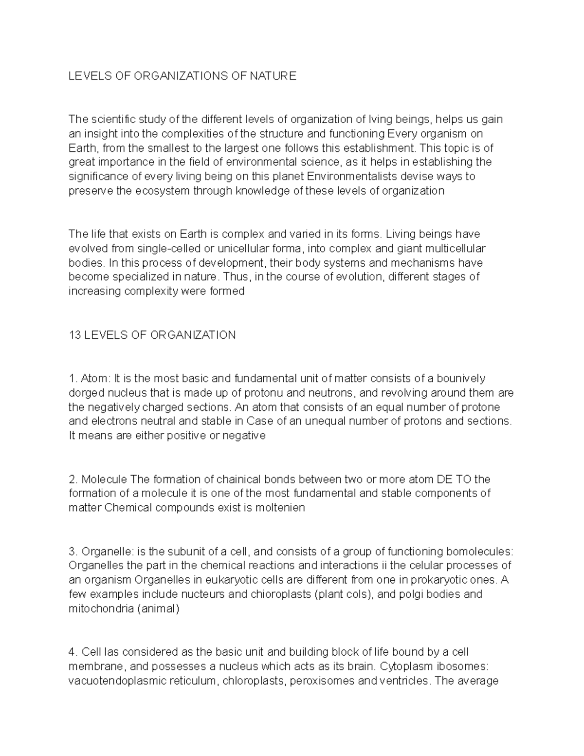 Organization - notes - LEVELS OF ORGANIZATIONS OF NATURE The scientific ...