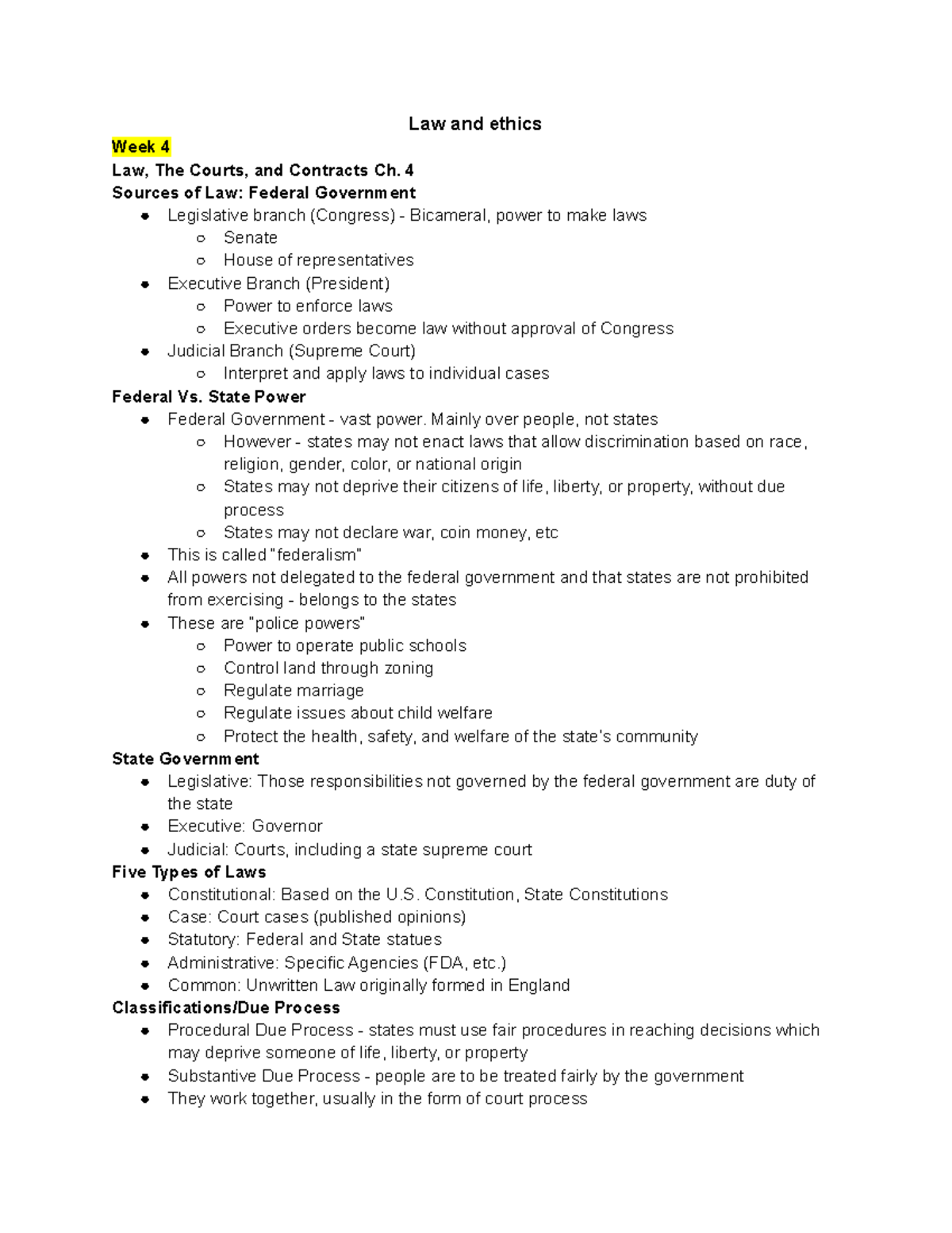 Law and ethics week 4 - week 4 chapter 4 lecture notes - Law and ethics ...