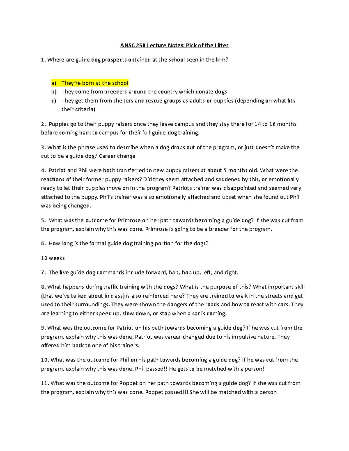 ANSC 250 Pick of the Litter Notes ANSC 250 Lecture Notes Pick of the