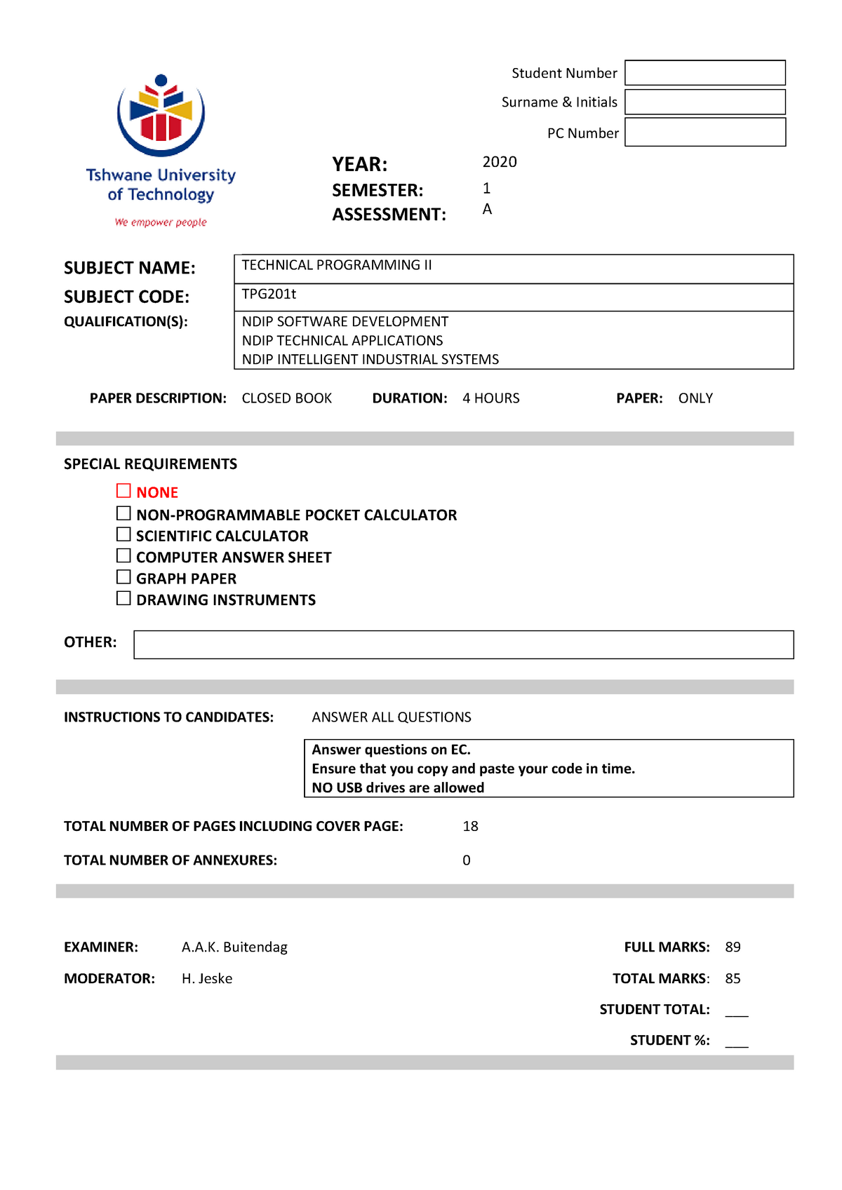 TPG201T S1 2020 Paper A MEMO - YEAR: Student Number Surname & Initials ...