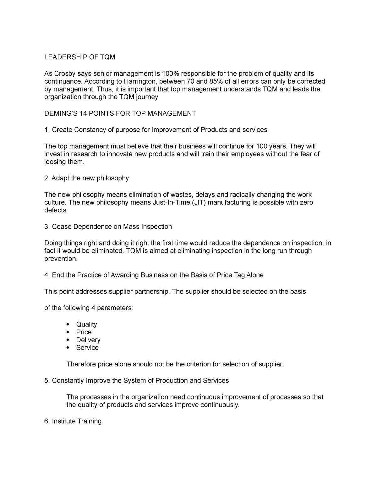 Deming-14-points - DEMING'S 14 POINTS ON TOP MANAGEMENT - LEADERSHIP OF ...