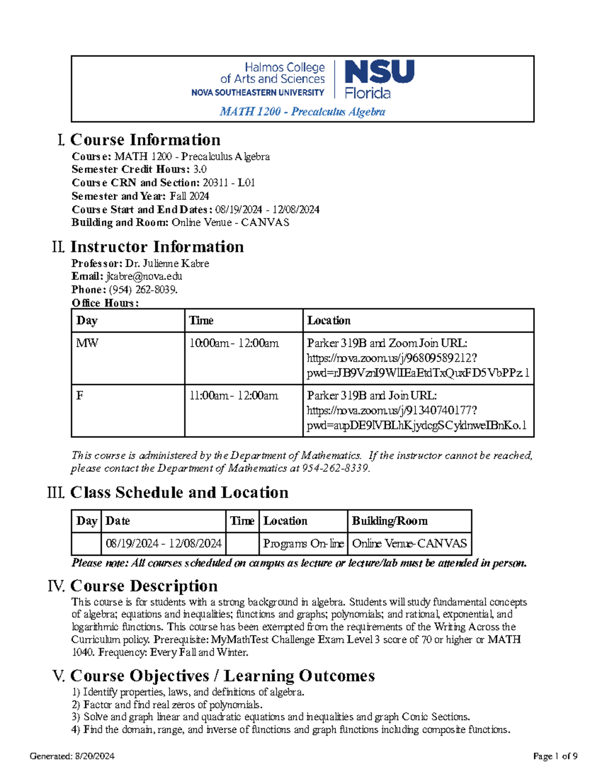Pdf - Syllabus - MATH 1200 - Precalculus Algebra I. Course Information ...