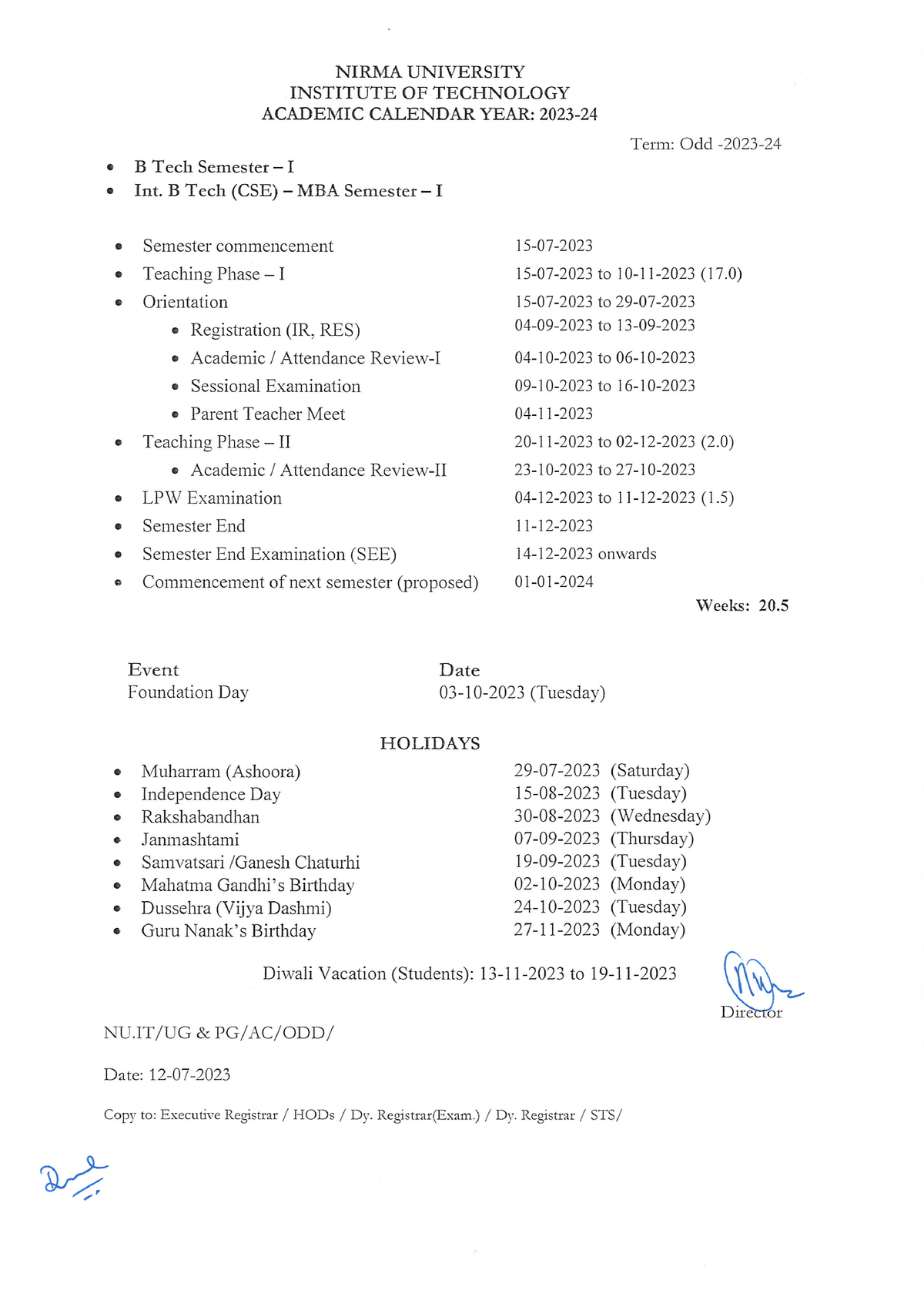 Academic Calendar B Tech Semester I Int - MBA Marketing - Studocu